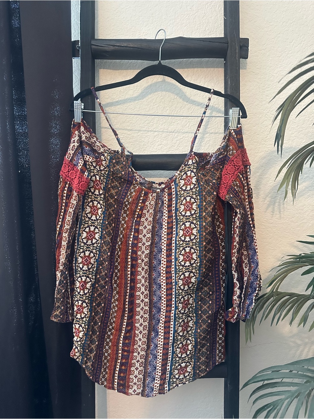 EARTHBOUND Boho Vertical-Stripe Cold-Shoulder Blouse with Red Crochet